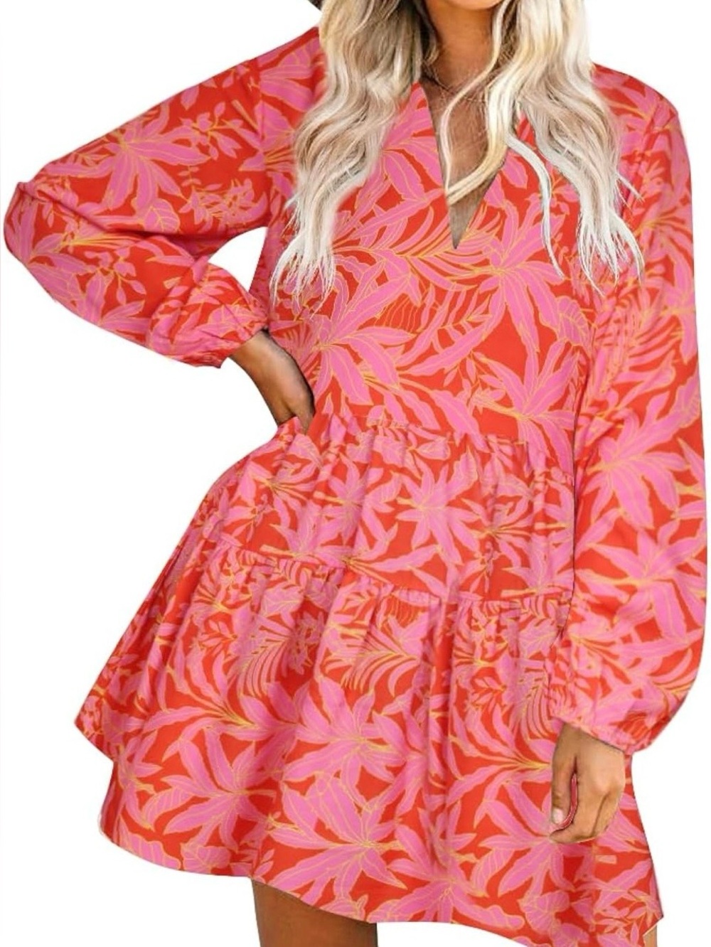 Fancyinn Bright Leaf-Print V-Neck Babydoll Long-Sleeve Dress